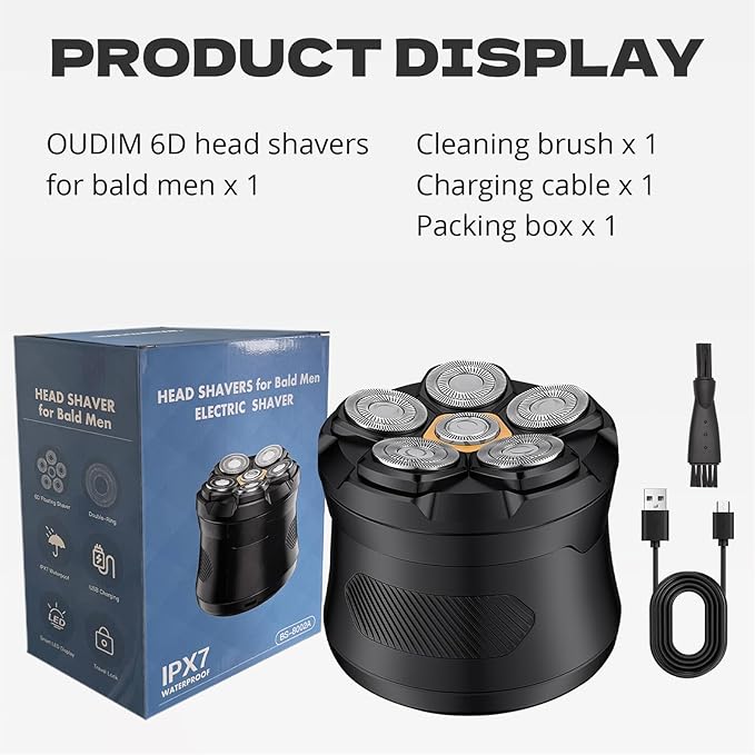Bald Hair Clipper Hair Trimmer for A Bald Head Beard Shaver Magnetic Six-Blade Head Easy to Clean USB Charging Two-Speed Settings Extra-Long Battery Life an Ideal Gift for Fathers and Men