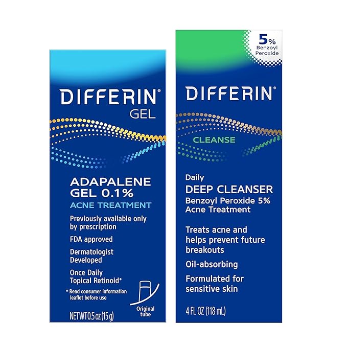 Differin Acne Skin Care Kit Differin Gel Retinoid Acne Treatment for Face with 0.1% Adapalene &amp 5% Benzoyl Peroxide Face Wash &amp Body Wash Designed for Pimple and Acne Prone Skin
