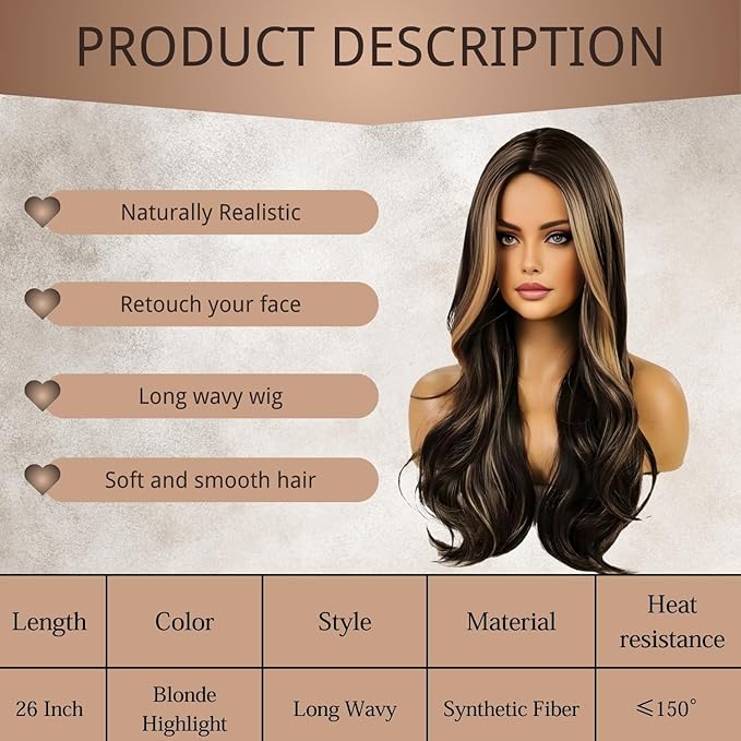 Haoland Brown Blonde Highlight Wigs for Women 26 Inch Long Curly Synthetic Wigs Middle Part Blonde Highlights Hair Wigs Loose Wavy wig Heat Resistant