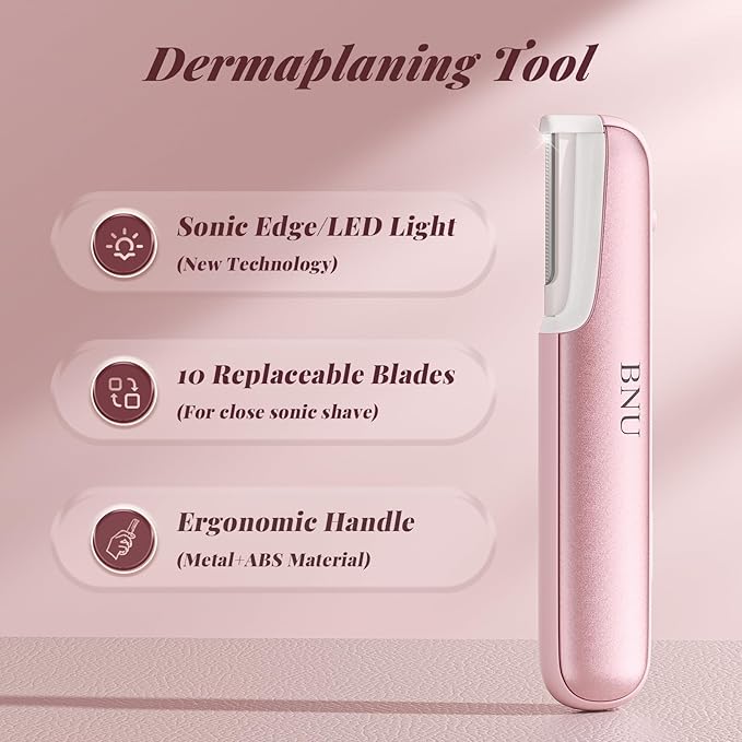 Dermaplane Razor for Women Face BNU Facial Hair Remover for Anti-Aging - Rechargeable - LED Light - Sonic Edges - 3 Speeds Ergonomic Handle Face Dermaplaning Tool 10 Weeks Pink