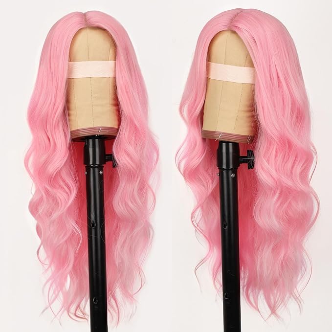 AISI HAIR Pink Wig for Women Long Wavy Lace Hairline Middle Part Synthetic Wig for Daily Party-26 Inch