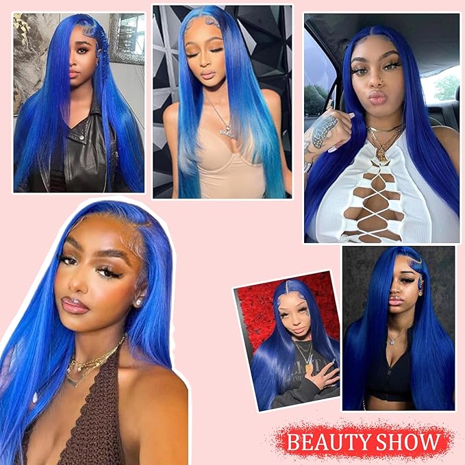 PANDA ANGEL Straight Lace Front Wigs Human Hair Blue 13x4 Hd Transparent Lace Frontal Wig Wear and Go Glueless Navy Blue Wigs Human Hair for Black Women Colorful Dark Blue Lace Front Wig 36 Inch
