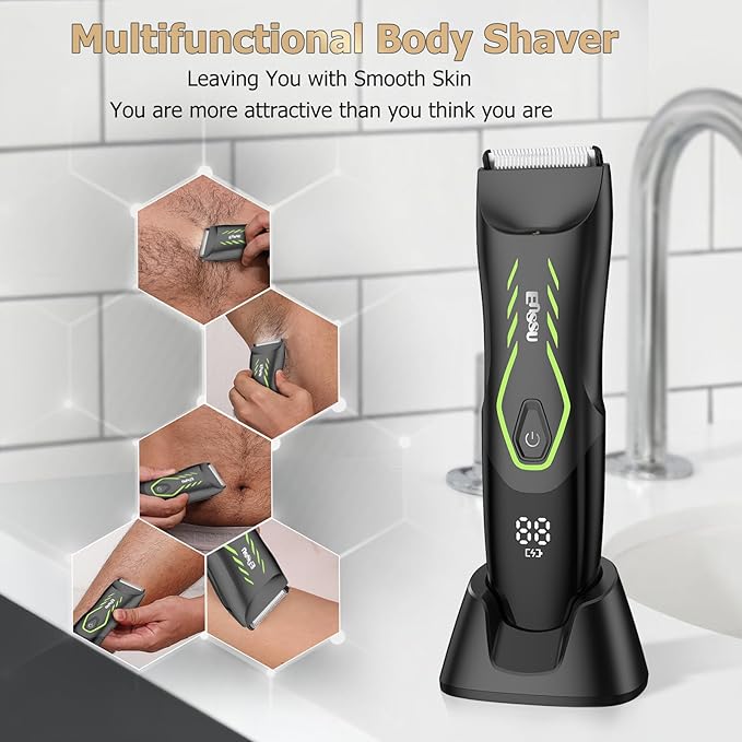 Manscape Body Hair Trimmer for Men Pubic Groin Hair Trimmer for Men with Safe Blade Cordless Ball Shaver w/Light Charging Dock Waterproof Body Groomer Man LED Display 1H ChargeGreen