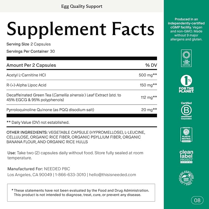 Needed. Egg Quality Support - Optimally Formulated Antioxidants Supplement for Egg Quality - Fertility Support - Fertility Supplement for Women - 60 Capsules - 30 Day Supply