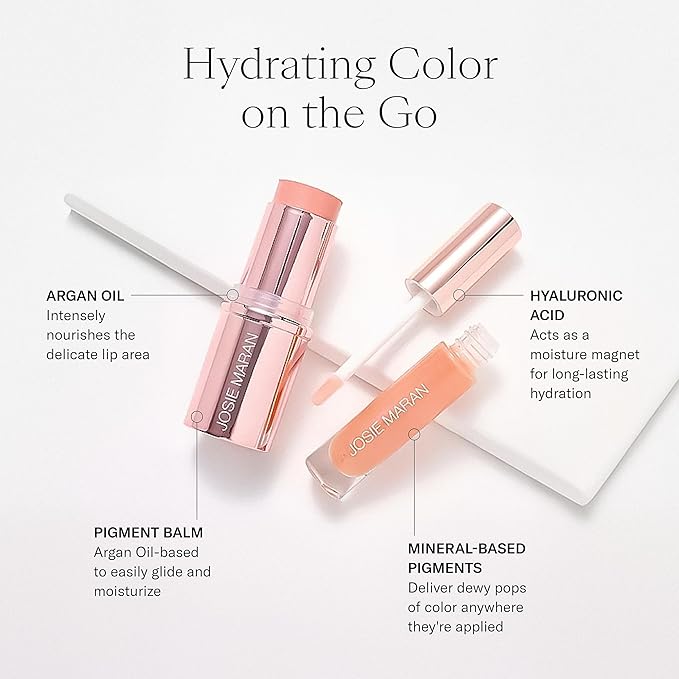 Josie Maran Color Stick &amp Lip Gloss Makeup Set - Argan Oil-Based Makeup Balm for Lips Cheeks &amp Eyes + Hyaluronic Acid Infused Plumping Lip Gloss (2 Piece Set)