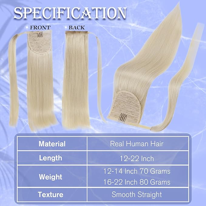Full Shine Human Hair Ponytail Extension Platinum Blonde Ponytail Extension Blonde Human Hair Straight Remy For Women 70 Grams 14 Inch