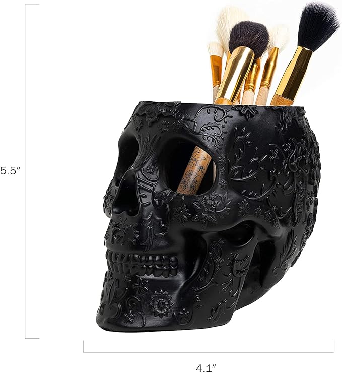 Skull Makeup Brush Holder Pen Holder Vanity Desk Office Organizer Stationary Decor Planter  Candy Bowl  Goth Decorations  Extra Large Skulls Gothic Skull &amp Bones Organizer Bathroom (Blac
