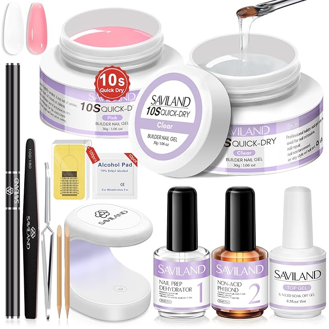 SAVILAND Quick-dry Builder Nail Gel Kit - Clear Pink Builder Hard Gel with Mini UV Light Top Gels Dehydrator Non-acid PH Bond Primer and Nail Extension Application Tools for beginners