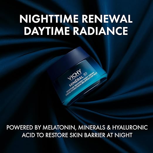 VICHY Min?ral 89 Moisture Recovery Night Cream Face Moisturizer with Hylauronic Acid Melatonin &amp Minerals for Skin Barrier Repair Plumps Skin Non-Greasy 50ml