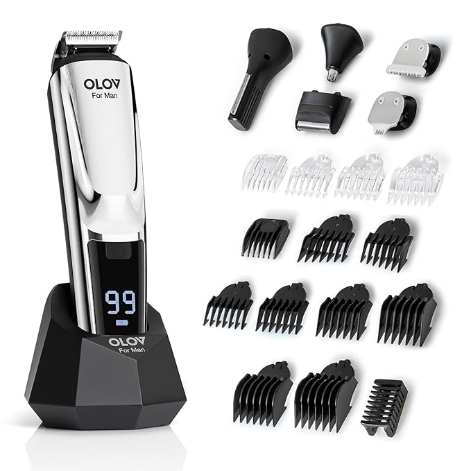 Beard Trimmer 21 Piece Mens Grooming Kit for Beard &amp Mustache Trimming Electric Shaver Nose Hair Trimmer Cordless Hair Clippers Waterproof Silver
