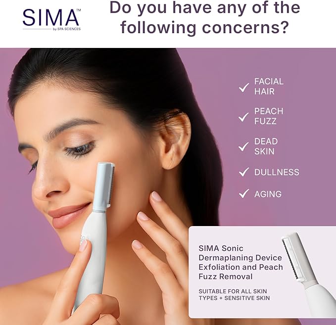 SPA SCIENCES - SIMA Patented Dermaplane Razor for Women Face ? Painless 2-in-1 Facial Exfoliation &amp Peach Fuzz Hair Removal ? Anti-Aging ? 3 Speeds ? Rechargeable ? 19 Weeks Treatment