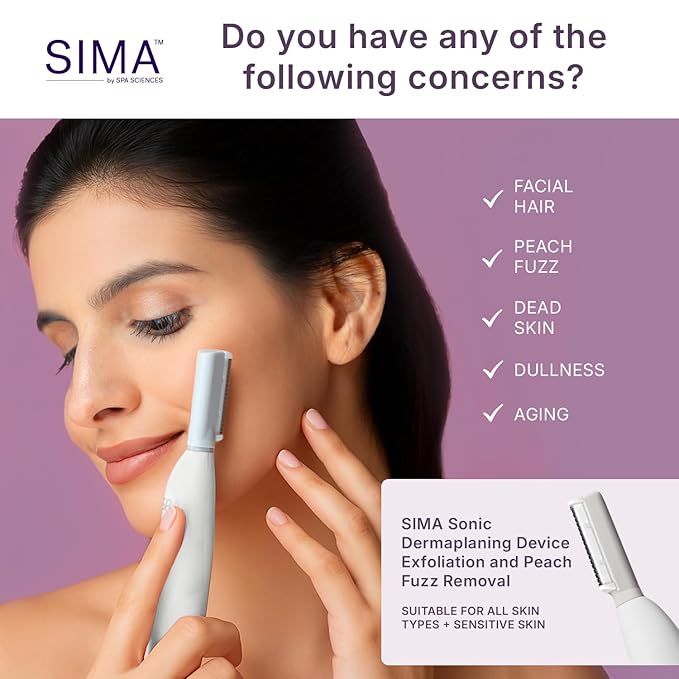 SPA SCIENCES - SIMA Patented Dermaplane Razor for Women Face ? Painless 2-in-1 Facial Exfoliation &amp Peach Fuzz Hair Removal ? Anti-Aging ? 3 Speeds ? Rechargeable ? 7 Weeks Treatment