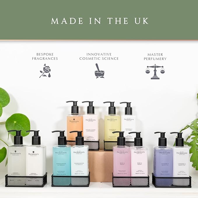 Pecksniff's Handwash Soap and Lotion Set Stress Reducing Aromotherapy Cleanser That Leaves Hands Soft and Lightly Scented (Lavender and White Tea Black Caddy)