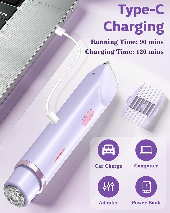 Bikini Trimmer for Women Dual-Head Women's Electric Razor 2-in-1 Electric Shaver for Women Pubic Hair/Legs/Arms/Underarm/Face IPX7 Waterproof Wet/Dry Use (Purple)