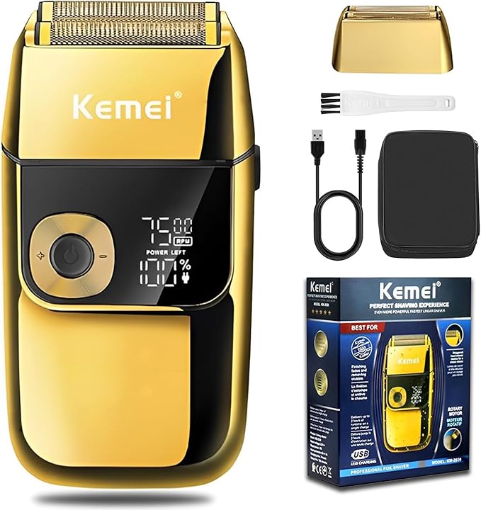 KEMEI Electric Razors for Men LCD Display Cordless Men's Razors USB Rechargeable with Pop-up Beard Trimmer Best Worldwide Travel Gift Model KM 2028 Gold