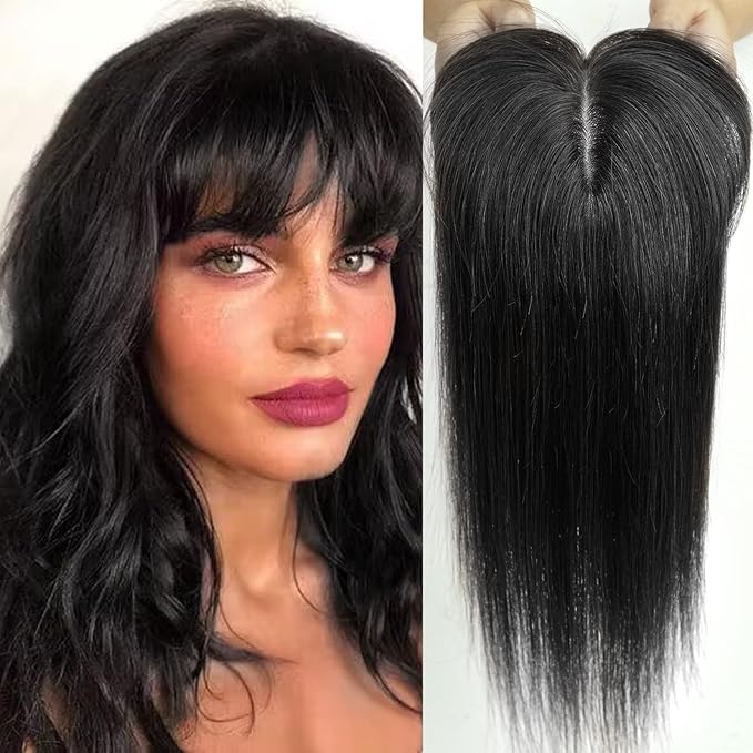 HAIRCUBE 100% Real Human Hair Toppers with Bangs 150% Density Silk Base Clip in Topper Top Hair Pieces for Women with Thinning Hair/Hair Loss Cover Gray Hair 10 Inch 1B# 35g