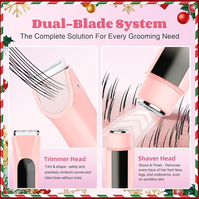 2-in-1 Bikini Trimmer for Women Dual-Head Bikini Shaver for Painless Pubic &amp Facial Hair Removal IPX7 Waterproof Type-C Fast Charge Long Cordless Use Holiday Gift Christmas &amp New Year Gif
