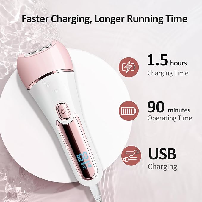 Epilator for Women 6 in 1 Hair Removal Epilator Shaver Face Razor Facial Brush Face Massage and Body ExfoliatorIPX7 Waterproof Rechargeable Hair Removal for Women (Pink)