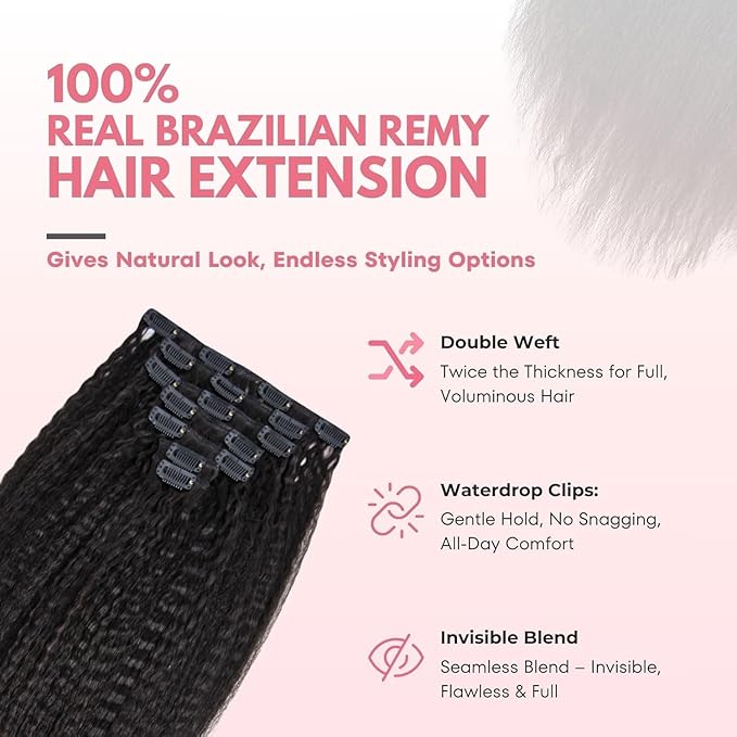 SIYUSI Kinky Straight Clip In Extensions 100% Brazilian Remy Human Hair Clip Ins Scalp-Friendly Invisible Clips Natural Black 3.52oz 7Pcs (16 Inch)