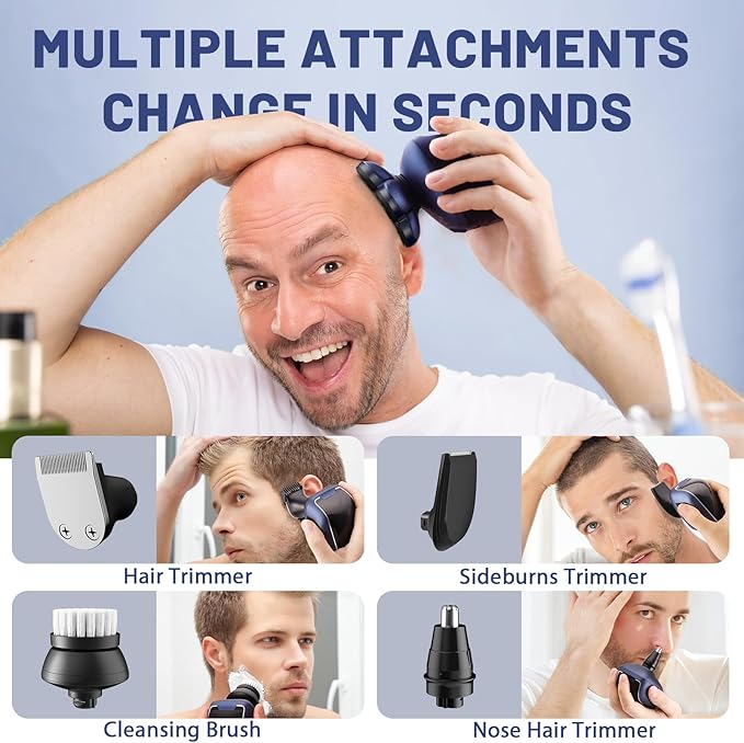 Head Shavers for Bald Men: 5-in-1 Electric Razor - Waterproof Wet Dry Shaving - Professional Grooming Kit for Balder - Rechargeable Head Shavers for Face/Beard Use (Dark Blue)