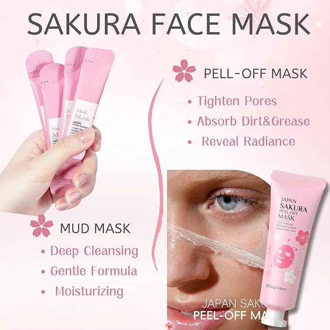 Skincare Kit Sakura Teen Girls Gifts - Skin Care Set Travel Size Toiletries - Sakura Skin Care for Teens 10-12 Hydrating - Teen Facial Kit Gift Set for Women with Bunny Headband（11PCS）