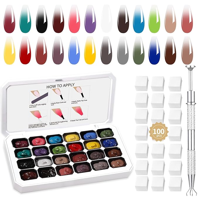 24 Colors Ombre Gel Nail Polish SetOmbre Pigment for NailsGradient Painting Gel with 100Pcs Nail Sponges for 3D Gels Nail Art can be Painted in Salon or Home Use