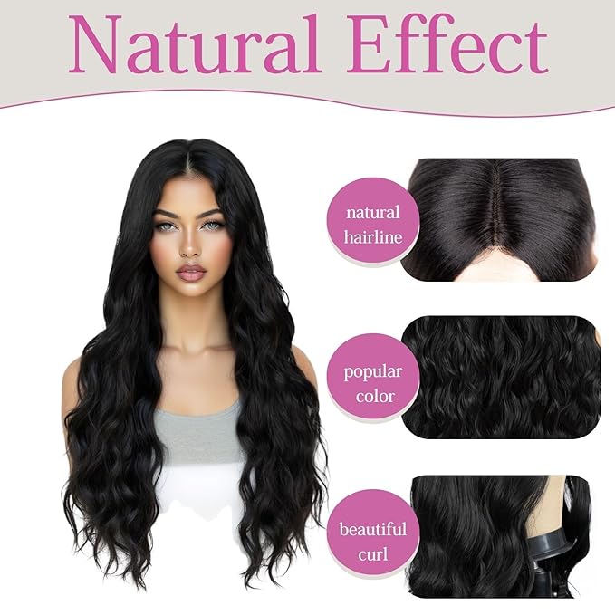 26 inch Lace Hairline Long Black Wigs for Women Middle Part Long Curly Wig Heat Resistant Synthetic Hair Looking Natural Fiber Wig for Daily Party Use