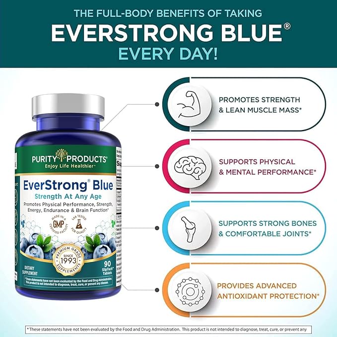 Purity Products EverStrong Blue Strength Building + Brain Boosting w/Muscle Matrix Blend ft. Creatine Monohydrate + More PurityBlue Organic Blueberry Complex 1000 IU Vitamin D3-90 Tablets