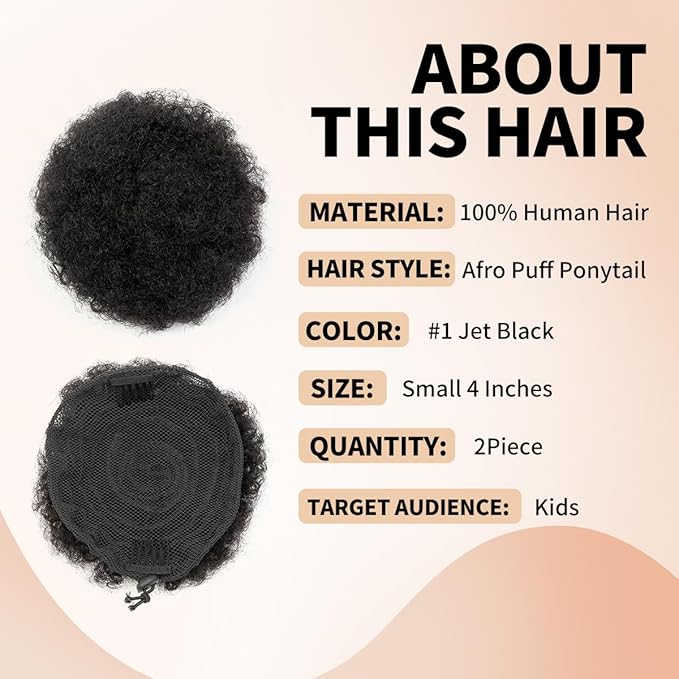Boymia Afro Puff Extension for Kids 2Pcs #1 Jet Black 4 Inch Short Curly Hair Afro Bun Extension 100% Human Hair Naturally Styled Hairpiece Updo Hair Extensions