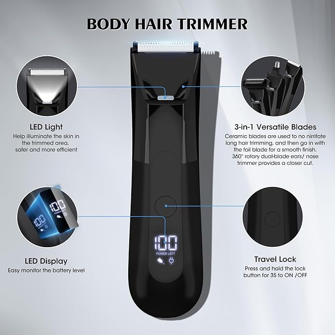 Karrte Manscape 5 in 1 Men's Grooming Kit Beard Trimmer for Men Groin &amp Body Hair Trimmer Nose &amp Ear Hair Clippers 5D Electric Razors IPX7 Waterproof LED Display with Travel Lock