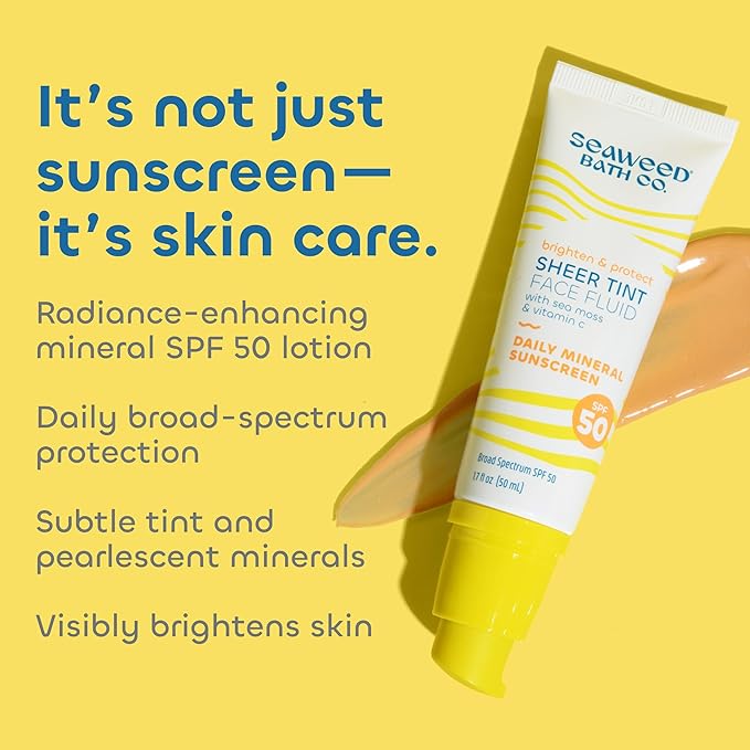 Seaweed Bath Co. Brighten &amp Protect Sheer Tint Face Fluid SPF 50 Zinc Oxide Sunscreen Lotion 1.7 Oz. Tinted Mineral Facial Moisturizer Cream