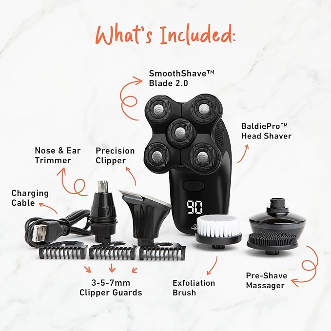 Groomie Cordless Bald Head Shavers for Men BaldiePro Head Grooming Kit - Ergonomic &amp Waterproof Head Shavers for Bald Men - Electric Hair Shaver &amp Head Razor - Men's Rotary Shaver for Smooth