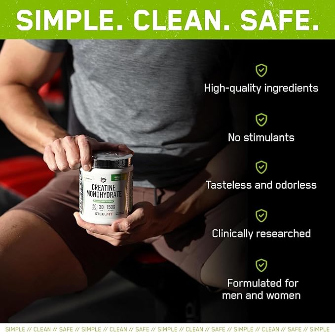 SteelFit Creapure Creatine Monohydrate Powder Unflavored - German Micronized Creatine Powder for Men &amp Women - Gym Workout Nutritional Supplements for Muscle Gain Brain Health &amp Strength Bui