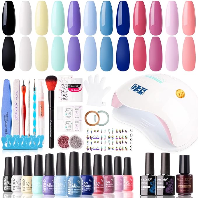 Gellen Gel Nail Polish Starter Kit with U V Light - 12 Colors Solid Black White Pink Blue Gel Polish with 72W Nail Lamp Top Base Coat Nail Tools Gel Nail Polish Kit Nail Gel All-In-One Manicure Set