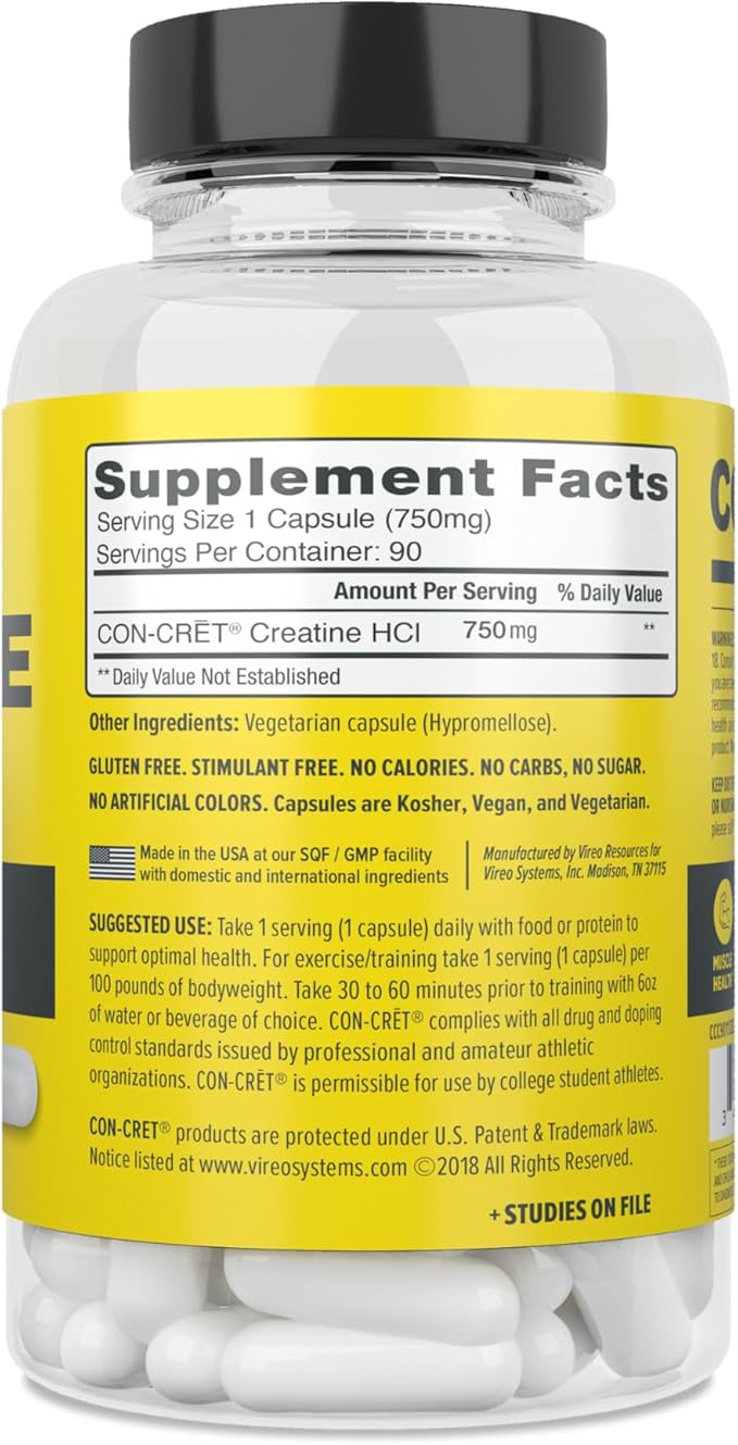 CON-CRET Creatine HCl Capsules | Muscle Cognitive Cellular Energy Support | No Bloating or Cramps | USA Made &amp NSF Certified | Creatine Pills (90 ct)