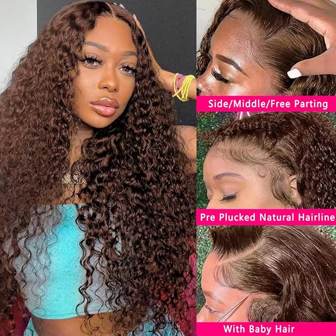 GOLFMAX 32 Inch Chocolate Brown Lace Front Wig Human Hair 200 Density 13x6 HD Deep Wave Lace Front Wigs Human Hair Colored Deep Curly Lace Frontal Wigs Glueless Wig Brown Wig Wigs for Women