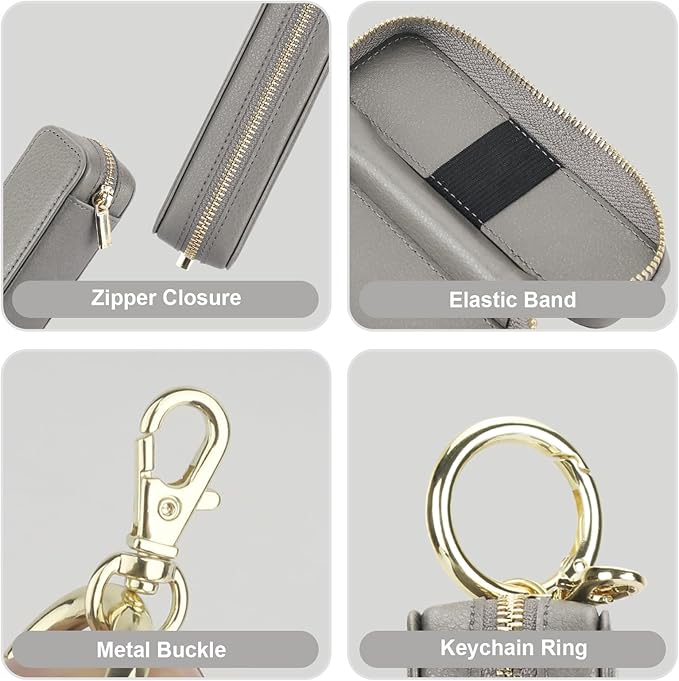 Bocasal Leather Lipstick Case Holder Chapstick Keychain Pouch Zipper Lip Balm Lip Gloss Bag for Purse with Key Chain Elastic Band Makeup Travel Organizer Cosmetic Storage Kit for Women Girls (Grey)