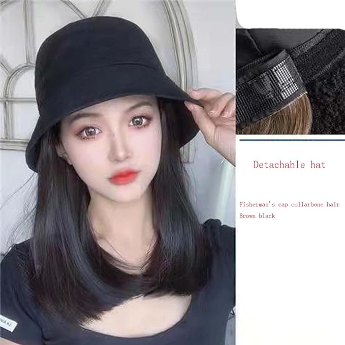 Detachable women's wig hat autumn summer bucket fisherman hat medium length hair with inner buckle collarbone wig