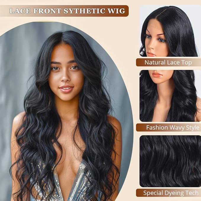 Style Icon Wig 28-Inch Lace Front Wig Synthetic Long Water Wave Wigs Pre Plucked Baby Hair Central Parting