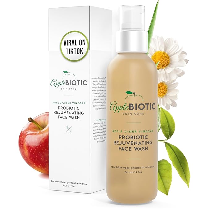 AppleBiotic Apple Cider Vinegar Face Wash - Exfoliating Face Wash Hydrating Gel Foaming Facial Cleanser Fragrance Free 6oz