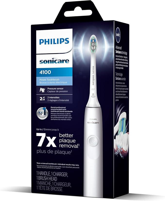 Philips Sonicare 4100 Rechargeable Electric Toothbrush with Pressure Sensor 2 Intensity Settings SmarTimer and QuadPacer 14-Day Battery Life White Model HX3681/23