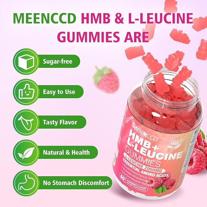 2 Pack HMB and L-Leucine Gummies 3000mg HMB and Leucine Amino Acid for Muscle Growth Muscle Mass Muscle Relief and Fast Workout Recovery for Men &amp Women Sugar-Free Raspberry Flavor 120 Cou