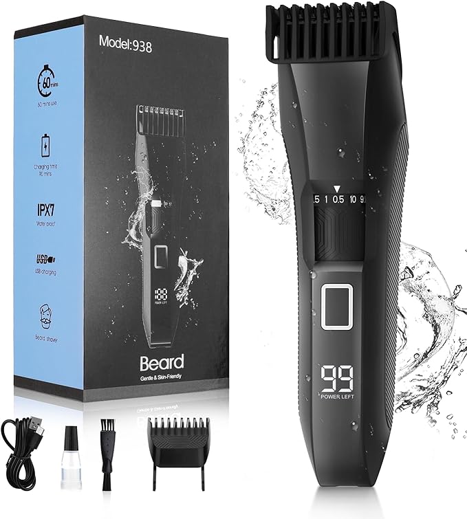 Beard Trimmer for Men 20 Length Adjustable Cordless Waterproof Clippers Stainless Steel T-Blade for Precision Facial Hair Trimming with 2 Guide Combs Travel Lock LED Display