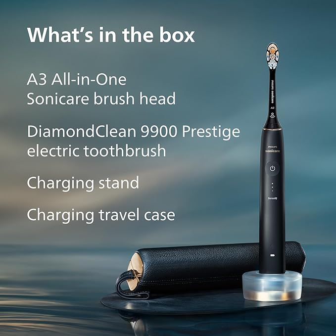 Philips Sonicare DiamondClean 9900 Prestige Electric Toothbrush - with SenseIQ Technology and Advanced AI App 5 Brushing Modes 3 Intensity Levels Charging Travel CaseMidnight Blue Model HX9990/12