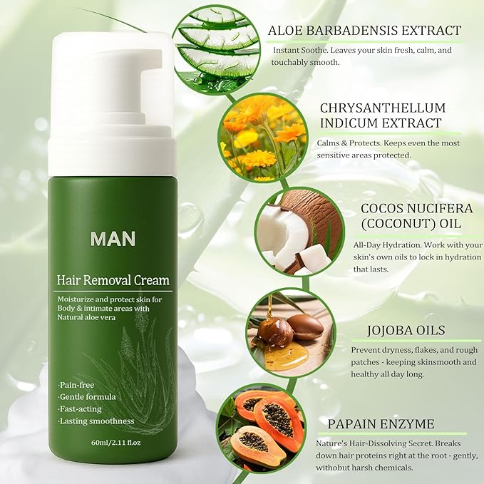 Man Hair Removal Cream with Natural Aloe Vera Natural Aloe Vera Quick Gentle Fast-Acting Hair Remover Mousse Moisturizing Nourishing Non-sticky for Face Multiple body parts (2PCS)