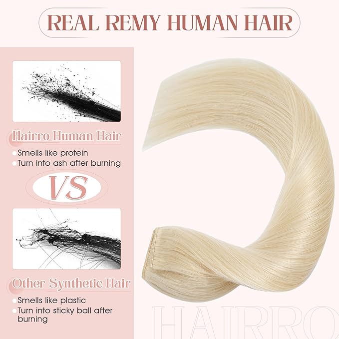 Hairro Clip in Hair Extensions 100% Human Hair #60 Plainum Blonde Thin Clip in Human Hairpieces 20 Inch Long Straight Standard Weft One Piece 5 Clips 50g for Women