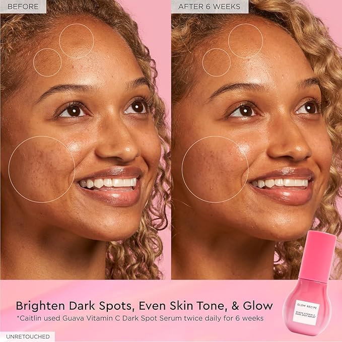 Glow Recipe Guava Brightening Korean Skincare Gift Set - Vitamin C Under Eye Cream Treatment + Hydrating Vitamin C Dark Spot Face Serum with Niacinamide &amp Peptides Travel Size (2 Count)