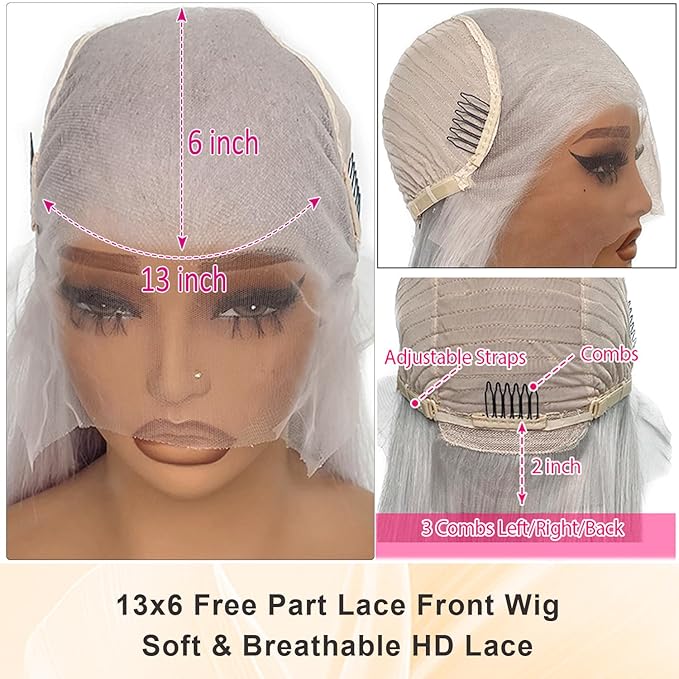 13x6 Grey Lace Front Wigs Human Hair 180% Density Straight 13x6 HD Transparent Lace Frontal Human Hair Wig for Black Women Natural Gray Silver Glueless Wigs Brazilian Virgin Remy Pre Plucked 18 Inch