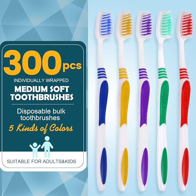 Navona 300 PCS Premium Individually Wrapped Bulk Toothbrush Pack Disposable Toothbrushes Kids Toothbrush Medium Soft Bristle Toothbrushes Ergonomics Handle Perfect for Travel Hotel Donation