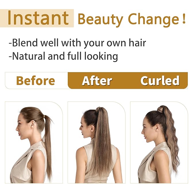 SEGO Ponytail Extension Human Hair Real Human Hair Clip In Wrap Around Long Straight Ponytail With Magic Paste Pony Hairpieces for Women -18 Inch 90g 6 Light Brown